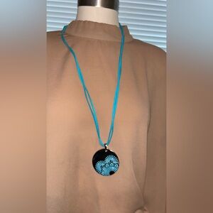 Taramanda Cord Necklace Round Black Blue Pendant Bohemian Charm Statement